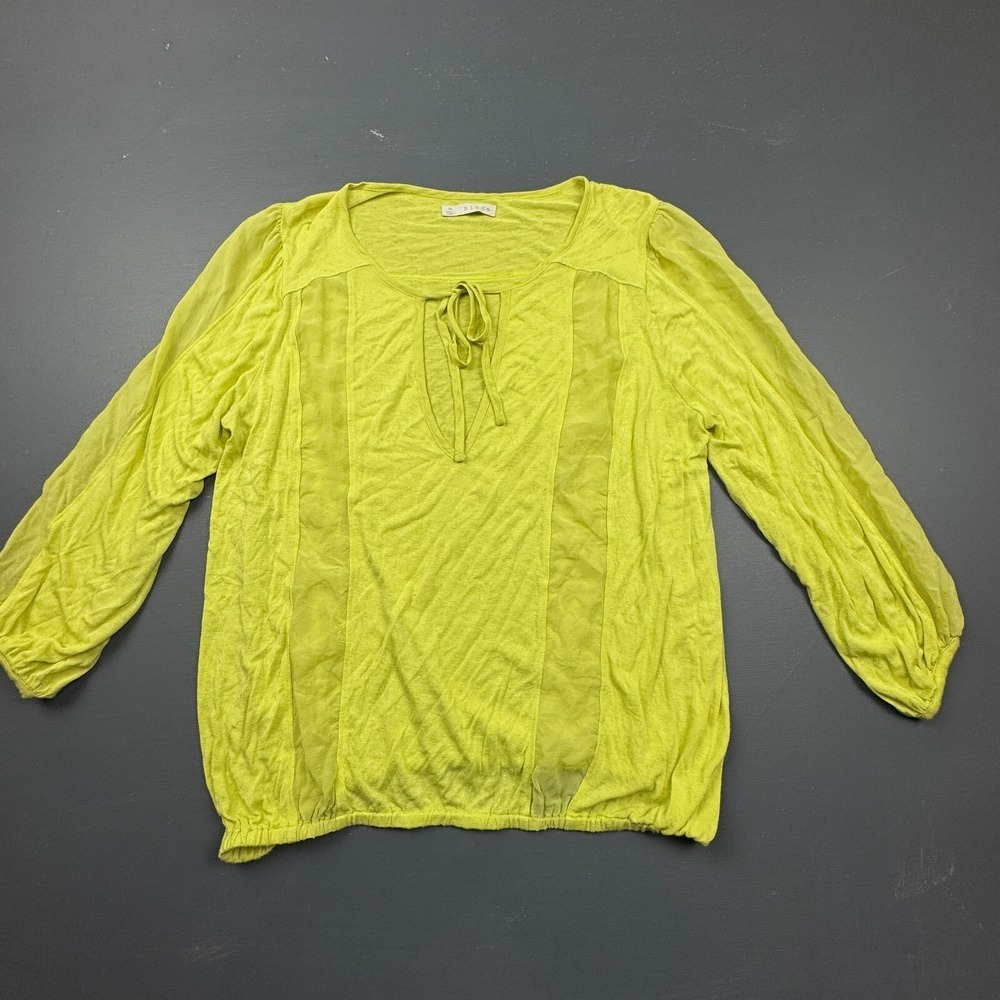 Hinge Women's Size Medium Yellow Boho Blouse Sheer Panel Peasant Long Sleeve Top